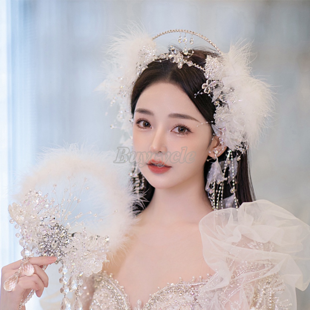 Băng Đô Cài Tóc Hình Vương Miện Đính Lông Vũ Trắng Siêu Bất Tử Cho Cô Dâu