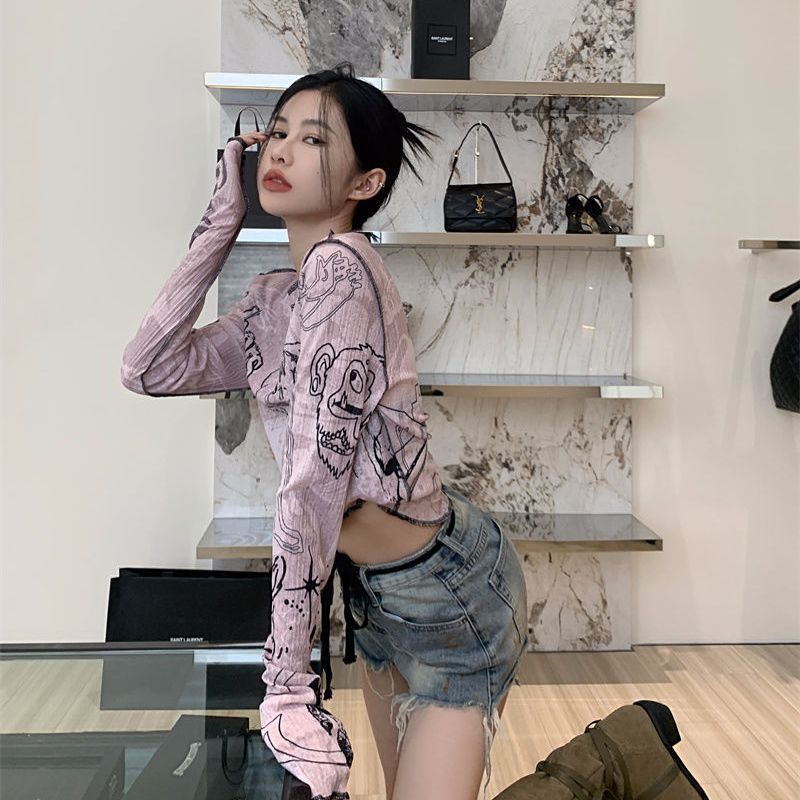 IELGY Áo Thun Tay Dài In Họa Tiết Graffiti Mỏng Thời Trang Mùa Hè Cho Nữ