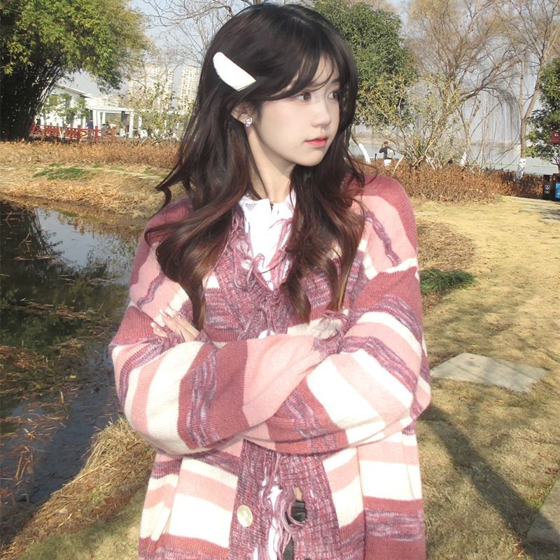 Áo Khoác Cardigan Dệt Kim Kẻ Sọc Phối Tua Rua Thời Trang Hàn Quốc Mới Cho Nữ