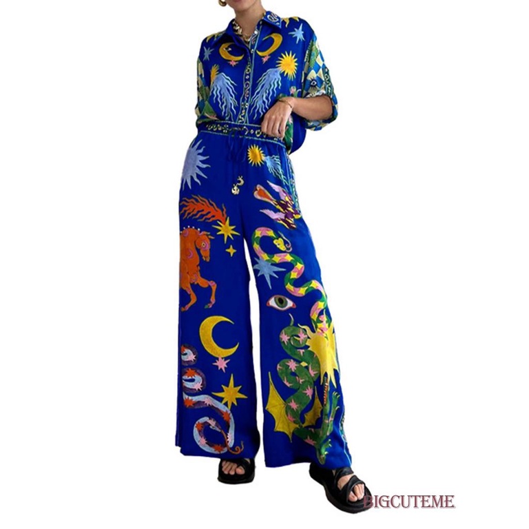 Set Áo Sơ Mi 2 Dây + Quần Dài Cài Nút In Họa Tiết Phong Cách Đường Phố Cá Tính Cho Nữ