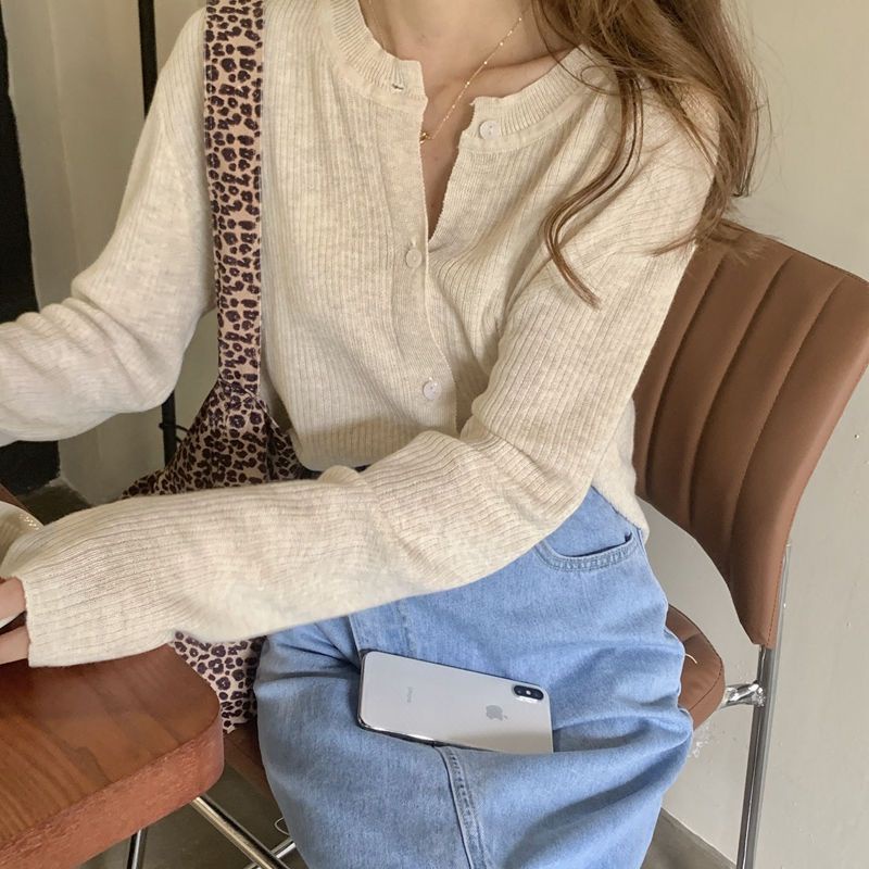 Áo Cardigan Dệt Kim Tay Dài Dáng Rộng Cổ Tròn Họa Tiết Kẻ Sọc Màu Trắng Phong Cách Hàn Quốc Thời Trang Mới Cho Nữ