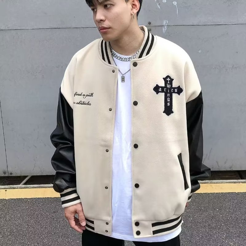 Áo Khoác Bomber Chất Liệu Da Thêu Họa Tiết Phong Cách Retro Mỹ