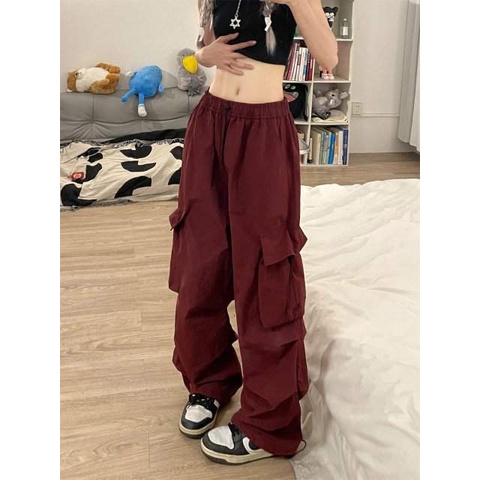 Quần Yếm Ống Rộng Màu Đỏ Theo Phong Cách Mỹ Dễ Phối Đồ