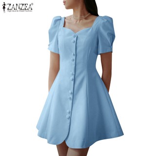 Zanzea Đầm Cổ Vuông Tay Phồng Phối Nút Thắt Eo Thời Trang Cho Nữ