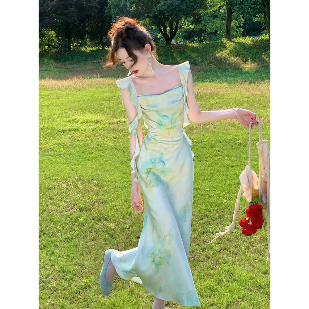 Đầm Hoa Hai Dây Dáng Chữ A Phong Cách Retro Thời Trang Mùa Hè Dành Cho Nữ