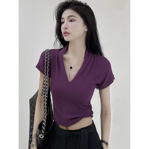 Áo Thun Tay Ngắn Cổ Chữ V Màu Sắc Đơn Giản Cho Nữ