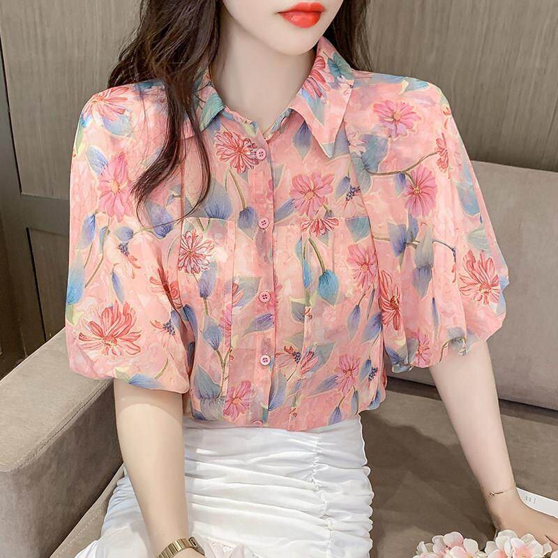 Áo Sơ Mi Chiffon Ngắn Tay Họa Tiết Hoa Phong Cách Hàn Quốc Thời Trang Mùa Hè Cho Nữ
