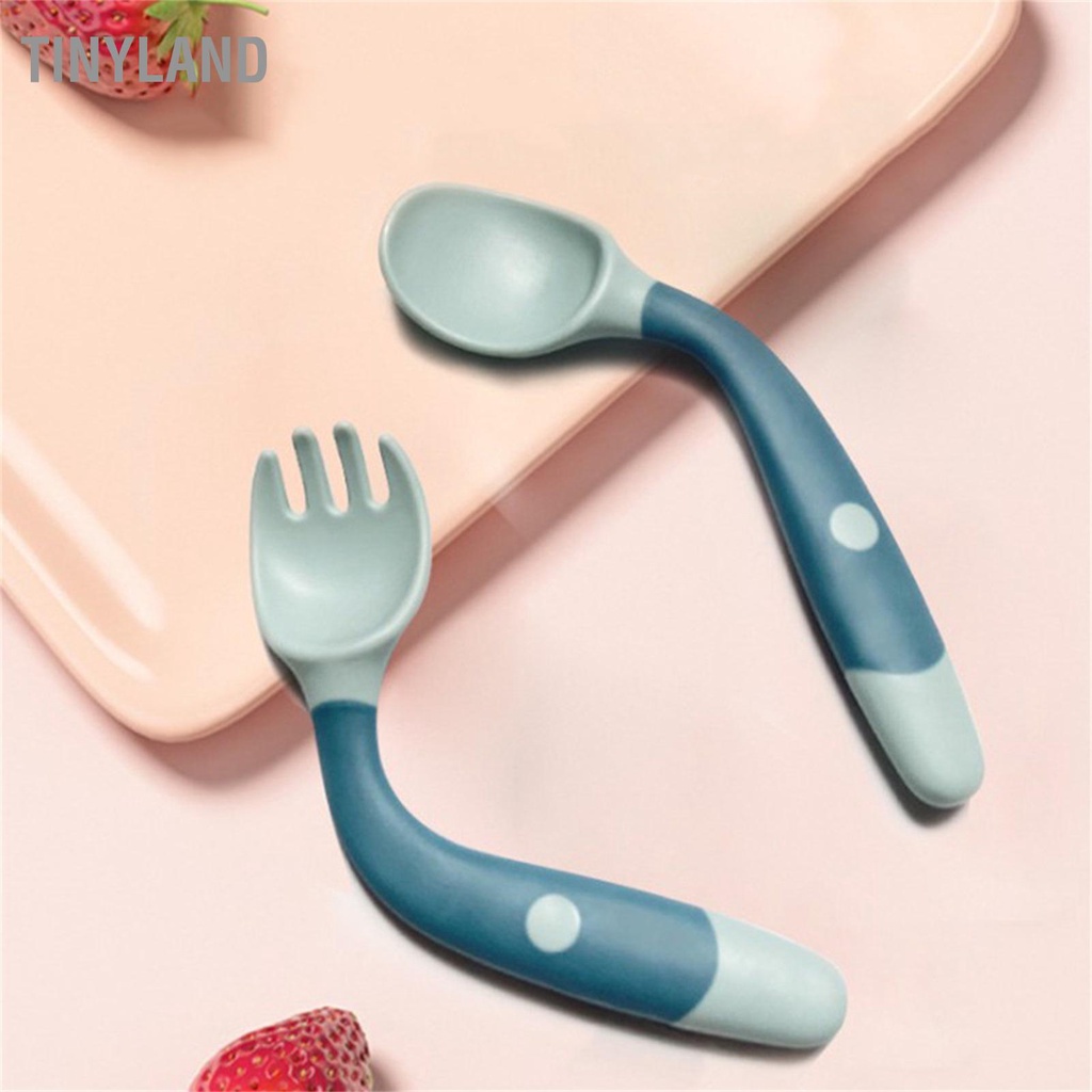 TinyLand Bộ Muỗng Nĩa Cho Bé Tay Cầm Uốn Cong Nhựa PP Mềm Huấn Luyện Tự Ăn Dụng Cụ Tập