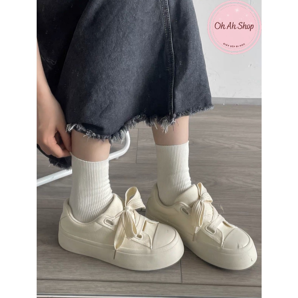 🍓  Giày Nữ Đi Học Giày Vải Canvas Trắng Dây To Hàng Loại 1  Màu Đen Ohahshopgiaydep