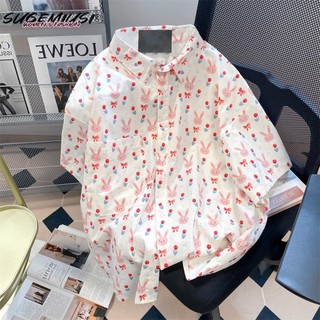 Sugemiusi Áo Sơ Mi Ngắn Tay In Hình Thỏ Dễ Thương Thời Trang Mùa Hè Phong Cách Preppy Nhật Bản