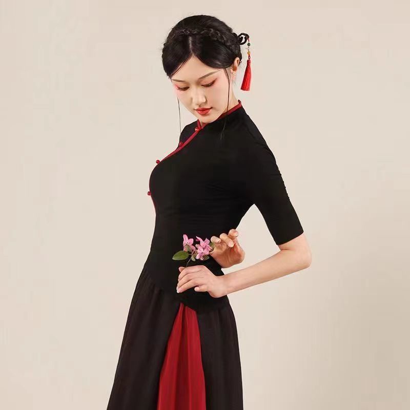 Áo Sườn Xám Ngắn Tay Màu Đen Phong Cách Trung Hoa Cổ Điển Cho Nữ Tập Múa