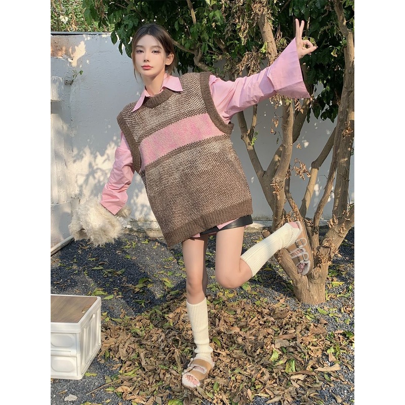 Set Áo Sơ Mi Dáng Rộng + Áo Khoác Len Không Tay Thiết Kế Mới Kiểu Dáng Đơn