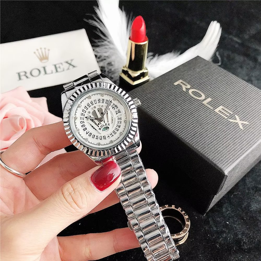 Đồng Hồ Rolex Mặt Tròn Đính Kim Cương Dây Da Thép Không Gỉ Thời Trang Cho Cặp Đôi