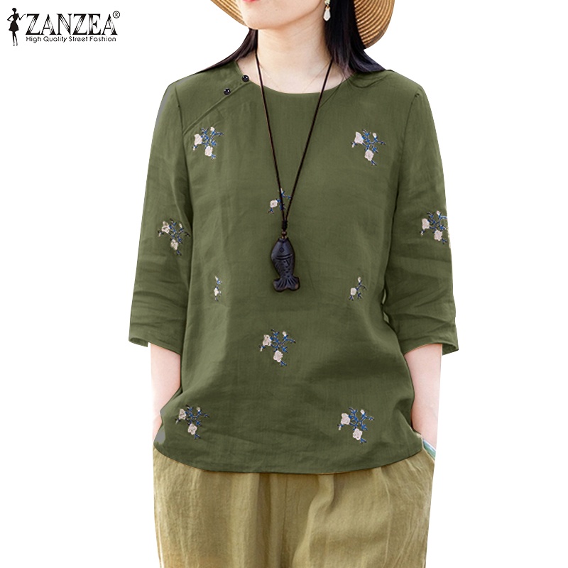 Zanzea Áo Kiểu Vải Lanh Cotton Tay 3 / 4 Cổ Tròn Thêu Họa Tiết Phong Cách Trung Hoa Cho Nữ