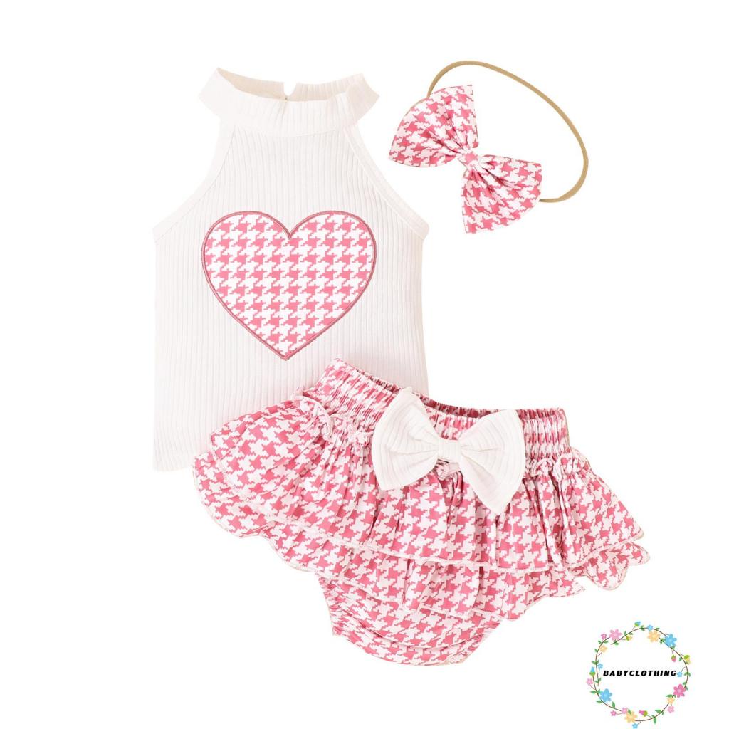 Set Đồ Mùa Hè 3 Món Gồm Áo Ba Lỗ Thêu Hình Trái Tim + Quần Ngắn + Băng Đô Cho Bé Gái