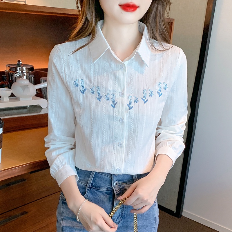 Áo sơ mi nữ/Áo Sơ Mi Nữ Tay Dài Thêu Hoa Lily Phong Cách Mới Mùa Thu 2023 JQA9/Áo Sơ Mi Cách Điệu Hàn Quốc/áo sơ mi công sở nữ áo kiểu/Áo Sơ Mi Trắng Nữ/áo sơ mi nữ dài tay/Vải lanh
