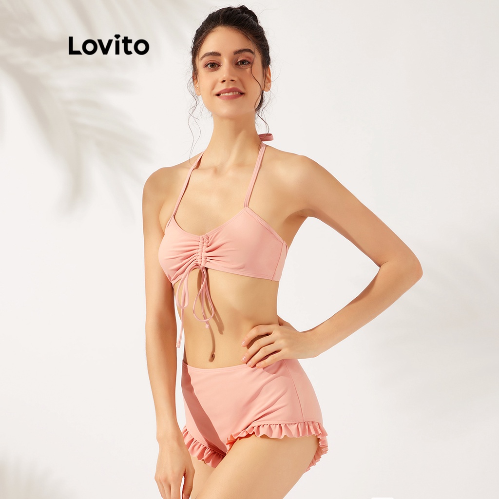 Đồ bikini Lovito xinh xắn màu trơn dây mảnh phối đường viền ren có đệm tháo được L23AD067 (màu hồng)