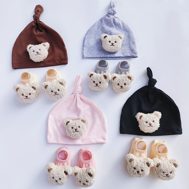 Mũ Beanie Kèm Vớ Chống Trượt Mềm Mại Thoáng Khí In Hoạt Hình Dễ Thương Cho Bé