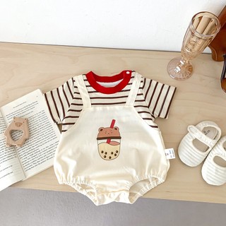Quần áo trẻ sơ sinh áo liền quần bé sơ sinh mùa hè tay ngắn sọc bodysuit jumpsuit onesies