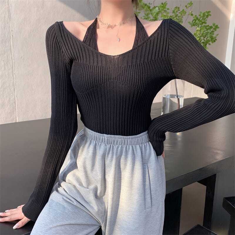 Áo sweater Dệt Kim Hai Dây Dáng Ôm Tay Dài Thời Trang Cho Bạn Gái