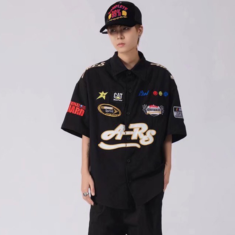 Áo sơ mi YOUTANG tay ngắn thêu chữ dáng rộng kiểu Mỹ thời trang đường phố