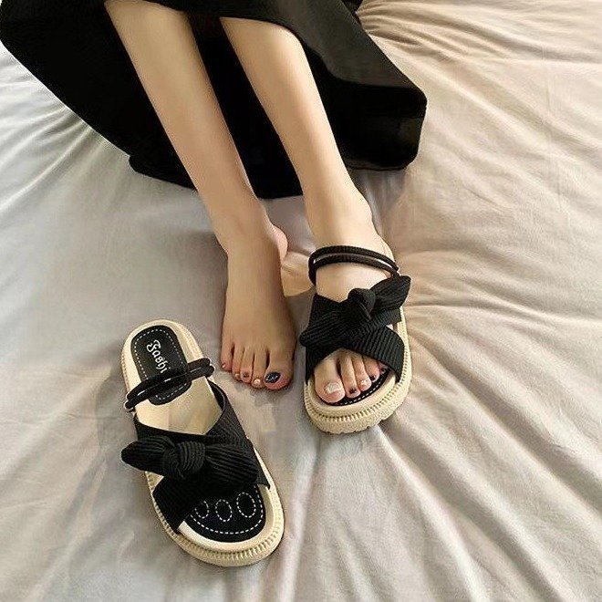 Giày Sandal Đế Dày Hở Mũi Đính Nơ Thời Trang Đi Biển Cho Nữ