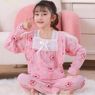 Doremi bộ đồ ngủ tay dài in hoạt hình gấu và dâu tây dễ thương thoáng khí thoải mái cho bé gái