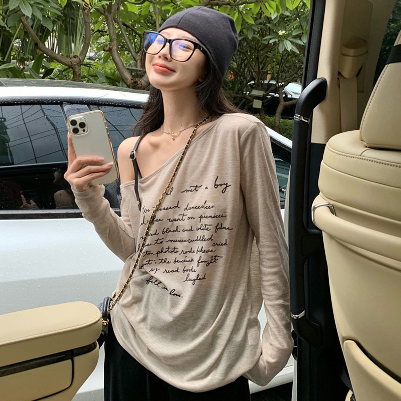 Sweet spicy girl off shoulder strap dài tay áo t-shirt của phụ nữ mùa hè mỏng thư lỏng chống nắng che trên cùng dưới cùng nhỏ trên cùng