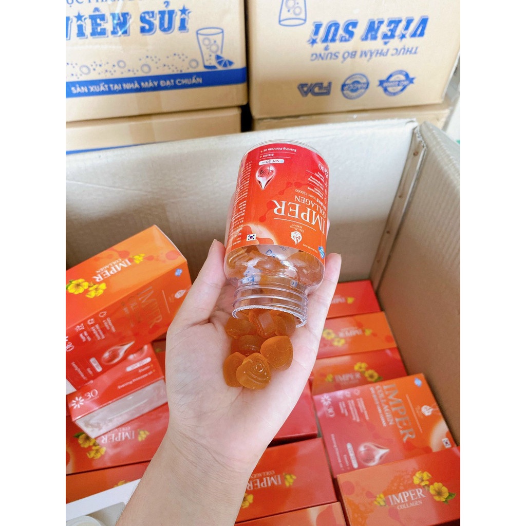 Kẹo Dẻo Trắng Da Imper Collagen Dưỡng Da Mờ Nám Chống Nắng Hộp 30 Viên
