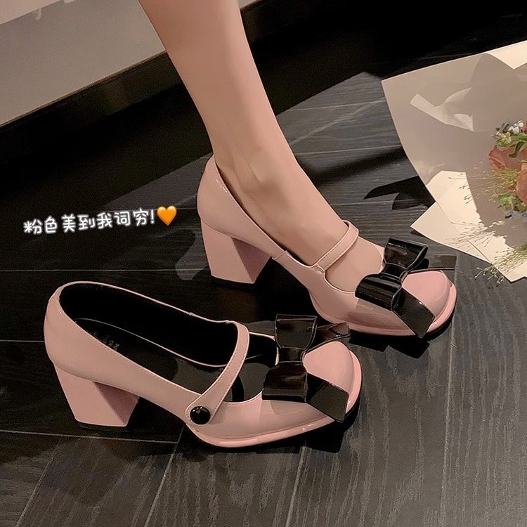 Giày Cao Gót Mũi Vuông Đính Nơ Xinh Xắn Thời Trang