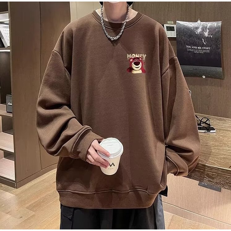 Áo Sweater nam form rộng big size tới 90kg Mỹ sáng tạo phim hoạt hình dâu tây gấu in Unisex Thời Trang Trẻ Trung