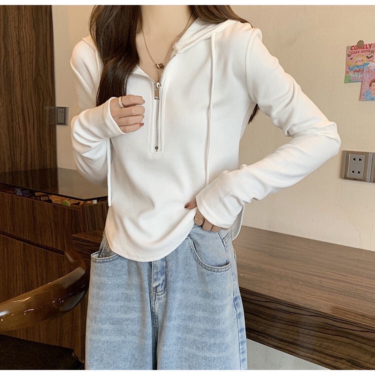 Áo Hoodie Tay Dài Màu Trơn Có Khóa Kéo Thời Trang Thu Đông Dành Cho Nữ