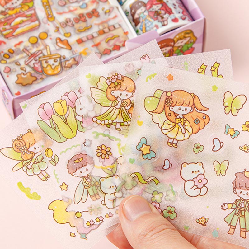 Hộp 8 món băng keo dính Washi tape + sticker dán trang trí sổ lưu niệm DIY hoa tiết hoạt hình cute OUYOUVN