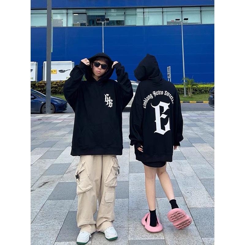 Áo hoodie nỉ Unisex in chữ E-Einklang Retro Streetlife nam nữ form rộng,