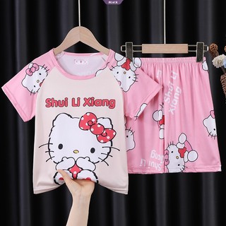 New kids pyjama two-piece set hellokitty print sanrio cartoon sleepwear girls short sleeve pikachu home quần áo bé trai