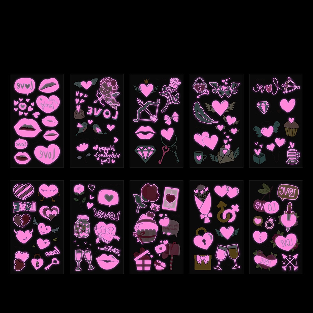 10 cái dán hình xăm huỳnh quang phát sáng cặp đôi khuôn mặt cơ thể hình xăm tạm thời không thấm nước ngày lễ tình nhân nhãn dán
