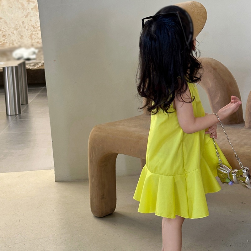 Trẻ em hàn quốc cô gái không tay màu rắn hem ruffled design dress