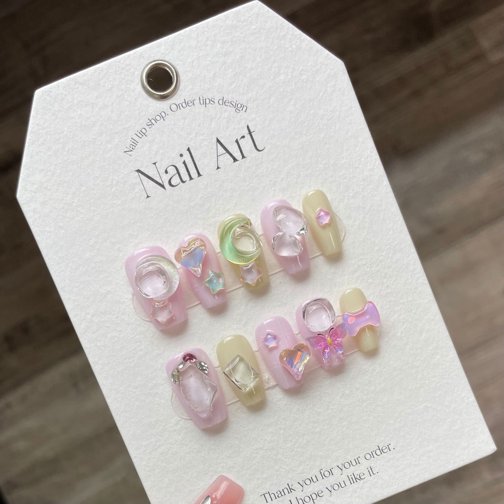 Làm bằng tay làm móng tay nhân tạo star moon macaron dopamine candy sweet mocha diamond dream candy phototherapy nails móng tay có thể tái sử dụng và tháo rời
