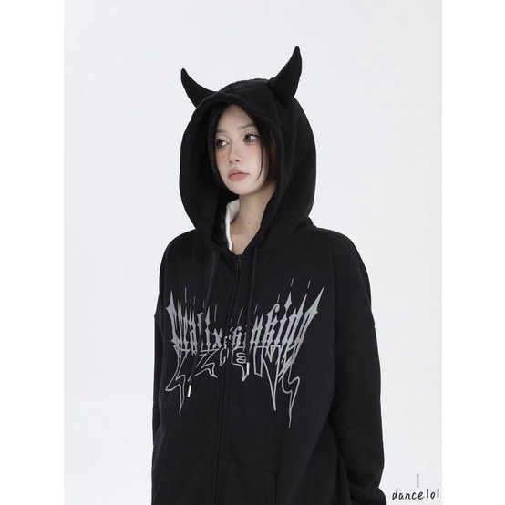 Dance1o1-nữ dài tay có mũ trùm đầu cánh in zip-up hoodie thời trang dạo phố có túi