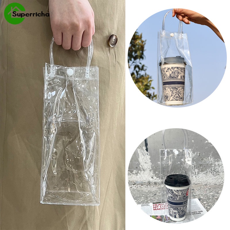 Túi Xách Tay Bằng Nhựa PVC Trong Suốt In Hoa Đa Năng Dùng Đựng Ly Nước & Trà Sữa