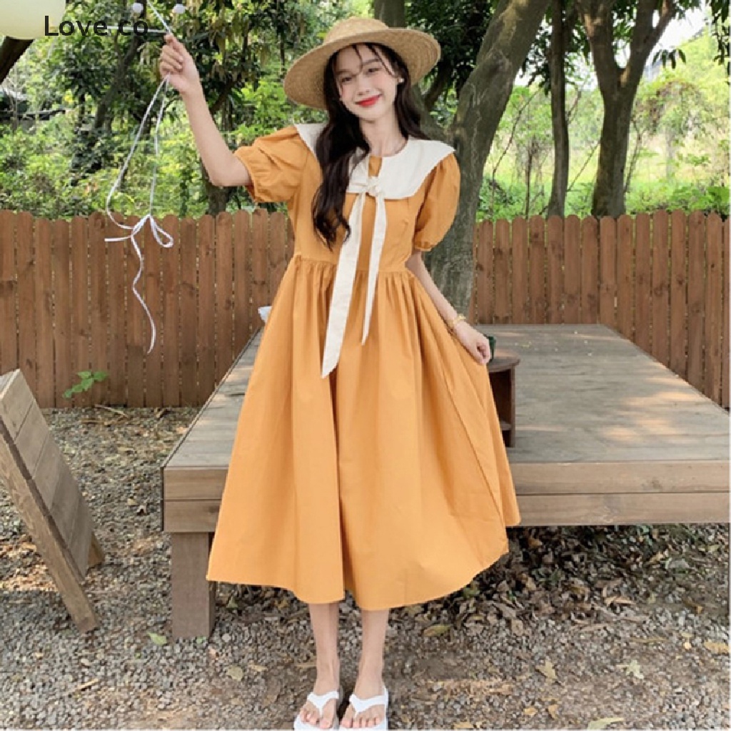 Đầm Tay Phồng Ngắn Màu Trơn Cổ Peter Pan Eo Cao Thời Trang Mùa Hè Ngọt Ngào Cho Nữ