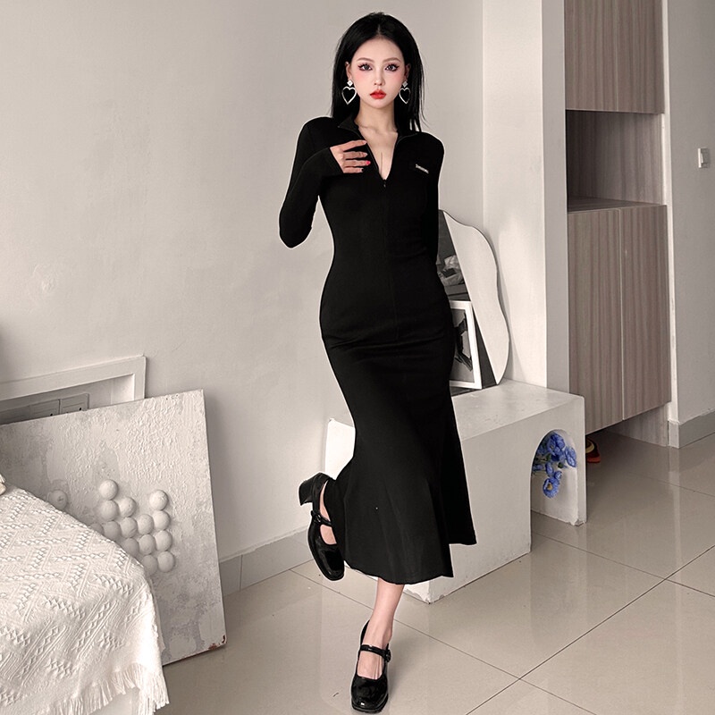 Kliou 2023 Mới Đầm Đen Dáng Dài Có Khóa Kéo Phong Cách Nữ Hoàng Thanh Lịch Quyến Rũ Thời Trang 2023