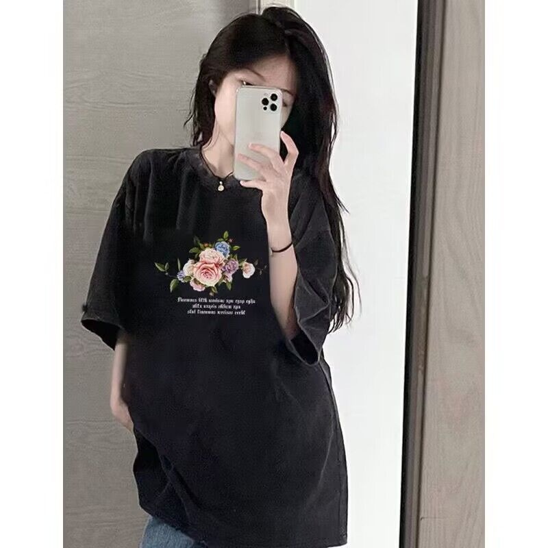 NRVP Áo Thun Đen 100% Cotton Tay Ngắn Dáng Rộng In Hoạ Tiết Độc Đáo