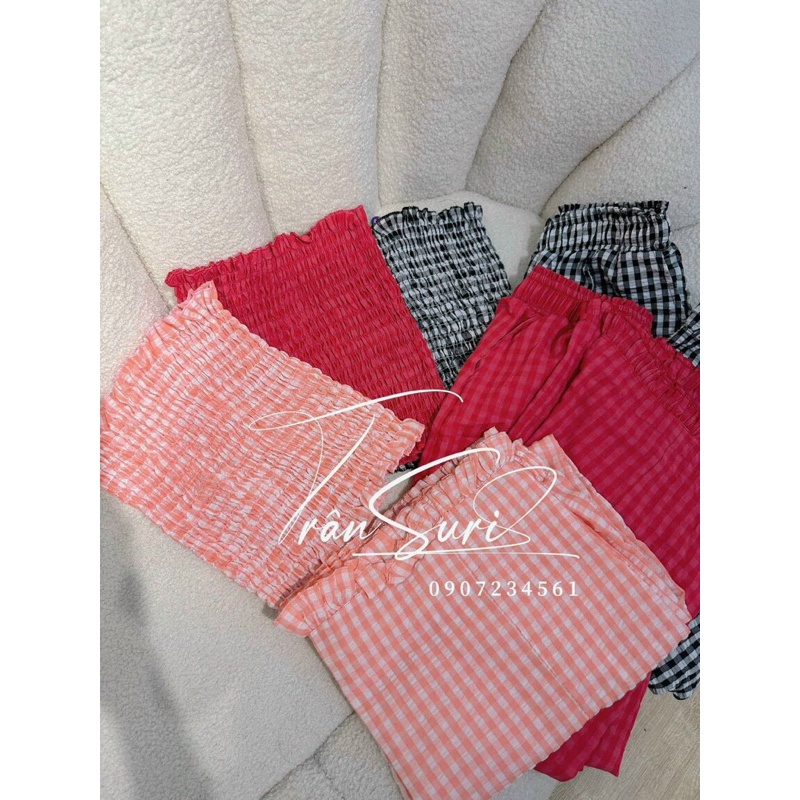 Set áo ống caro kèm quần ống bèo, Set đồ nữ áo ống croptop nhún kèm quần dài mk alohashop91
