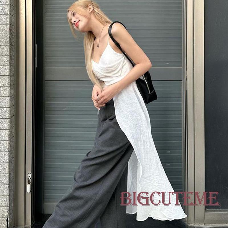 [] - Áo Hai Dây Cổ Chữ V Xẻ Tà Phối Màu Trắng Thời Trang Đi Tiệc Mùa Hè Cho Nữ