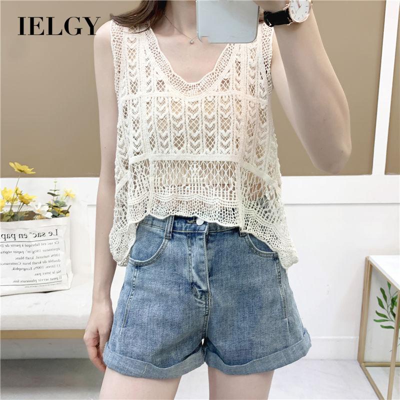 IELGY Áo Kiểu Ngắn Không Tay Cổ Chữ v Họa Tiết Hoa Khoét Lỗ Thời Trang Cho Nữ