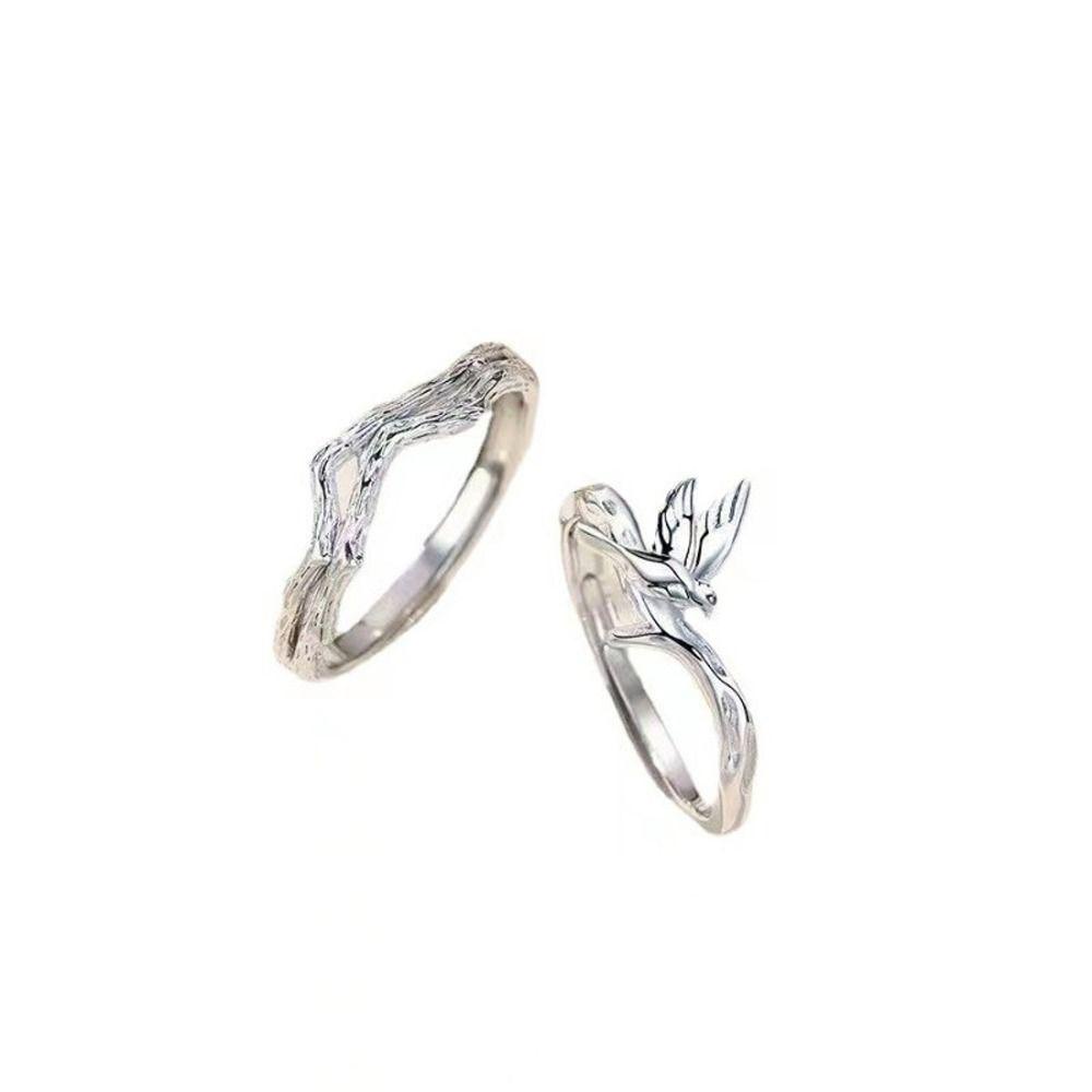 Nhẫn Cặp Bằng Đồng Khắc Hình Nhánh Cây Và Chim Phong Cách Hàn Quốc Lãng Mạn