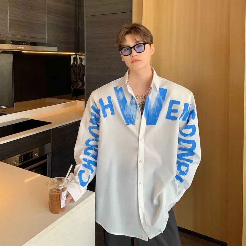 Áo Sơ Mi Tay Dài Dáng Rộng In Họa Tiết Graffiti Đường Phố Mỹ Cá Tính Cho Nam Và Nữ