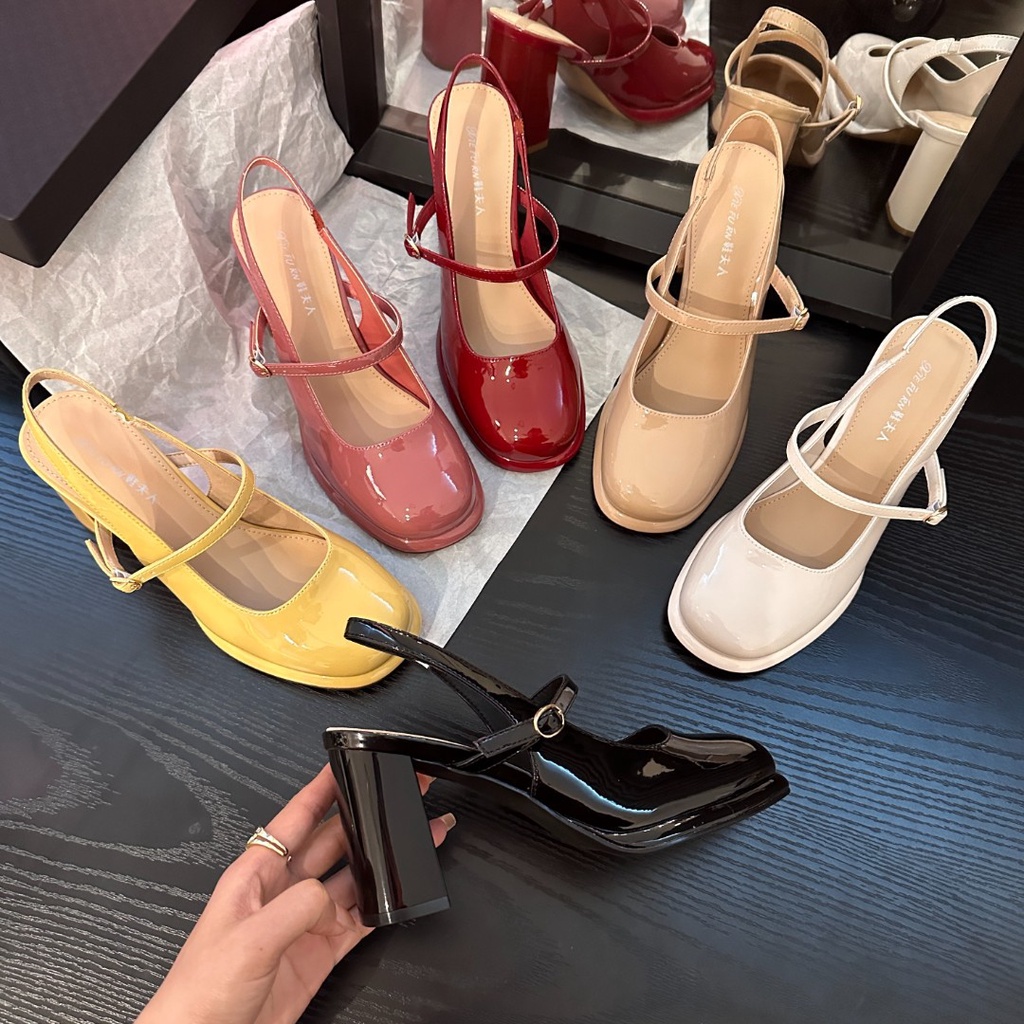 🔥 Bán nóng 🔥 giày cao gót đế vuông, giày cao gót nữ bằng da, giày Mary Jane nữ phong cách cổ điển thời trang