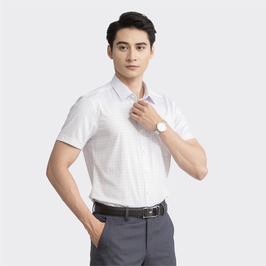 Áo sơ mi nam ngắn tay ARISTINO phom Perfect Fit suông rộng, họa tiết đen xanh in nền trắng lịch lãm - ASS066S3